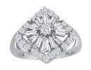 Diamond Rings: 3/4ct Round and Baguette  Snowflake Style Diamond Ring in 10k White Gold