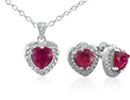 Ruby Jewelry: Ruby and Diamond Heart Pendant and Earrings Set in Silver
