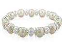 This stunning swarovski crystal and pearl stretch bracelet features twelve freshwater pearls and twelve swarovski crystals separated by twenty-four silver tone flower filagree caps.  Buy two or three for a stackable look that has swept the fashion world. This pearl bracelet fits wrists from 7 to 8 1/2 inches.