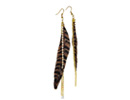 For the animal print lover in all of us are these cheetah print dangle feather earrings.  Earrings feature two cheetah print natural feathers, four yellow plated cable chains, and 34 tiny rhinestones!  Earrings are five and a half inches long.