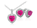 Created Pink Sapphire Jewelry: Created Pink Sapphire and Diamond Heart Earrings and Earrings Set in Silver