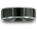 This edgy black comfort fit titanium carbide ring is 8mm wide.  It is all high polish with beveled edges. All of our titanium rings are cobalt free and hypoallergenic. Titanium at Superjeweler.com will not cause skin irritations. Due to the hardness of titanium, these rings can be laser engraved, but not hand engraved. All rings come with a 100% Money Back Guarantee.