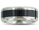 Beautiful Titanium carbide band! This ring is comfort fit and 8mm wide featuring beveled edges and a high polish finish. This ring also features black carbon fiber inlay making it absolutely unique.  All of our titanium rings are cobalt free and hypoallergenic. Titanium at Superjeweler.com will not cause skin irritations. Due to the hardness of titanium, these rings can be laser engraved, but not hand engraved. All rings come with a 100% Money Back Guarantee.