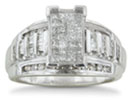 For an expensive looking, yet affordable engagement ring, try this huge look sterling silver 1 carat diamond ring.  Ring features princess cut, tapered baguette, and round brilliant diamonds.  Diamond content is 1 carat in I/J color, I2 clarity.  One star diamonds.