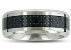 Beautiful Titanium carbide band! This ring is comfort fit and 8mm wide featuring beveled edges and a high polish finish. This ring also features black carbon fiber inlay making it absolutely unique.  All of our titanium rings are cobalt free and hypoallergenic. Titanium at Superjeweler.com will not cause skin irritations. Due to the hardness of titanium, these rings can be laser engraved, but not hand engraved. All rings come with a 100% Money Back Guarantee.