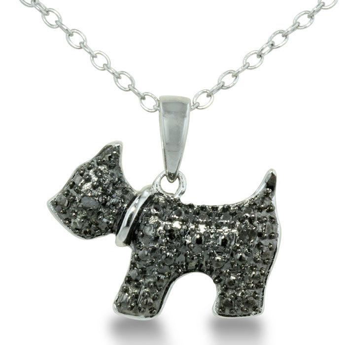 Adorable Black Diamond Scottie Dog Necklace In Sterling Silver Shiny