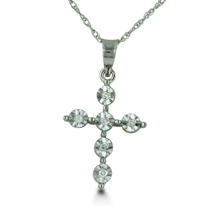 Sizzling Fire Diamond Cross Necklace In Solid White Gold, 18 Inch Chain