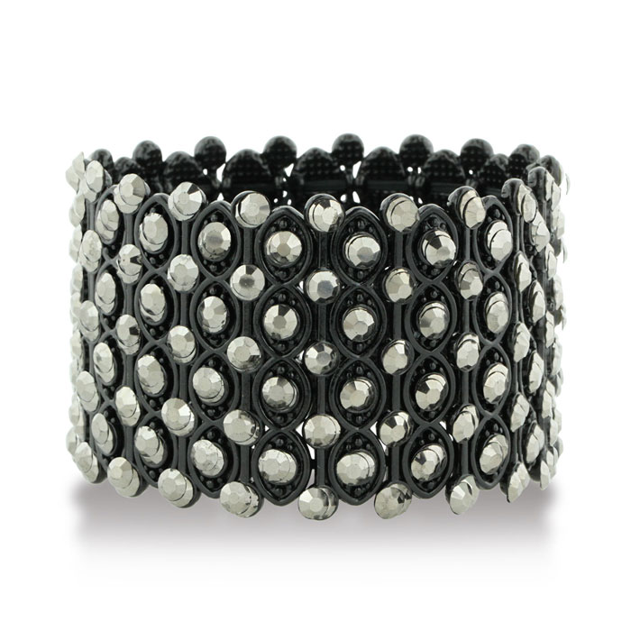 Chunky Super Wide Crystal Studded Mesh Black Cuff Bracelet Shiny Jewels