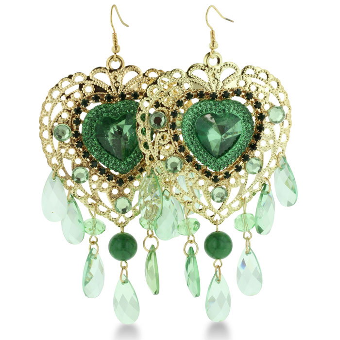Oversized Gold Tone Heart Chandelier Earrings With Green Crystals, 3 Inches Long Shiny Jewels