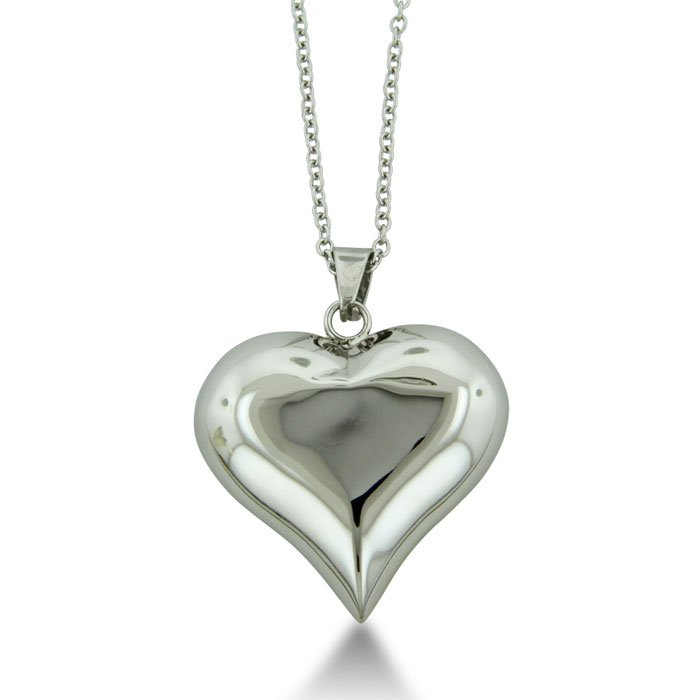 Large Puffed Heart Necklace On 24 Inch Chain, Stainless Steel Large Puffed Heart Necklace On 24 Inch Chain, Stainless Steel