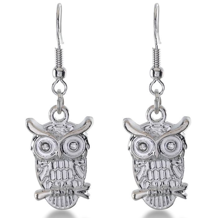 Silver Tone Dangle Owl Earrings with Crystal Accents, 1 Inch Long