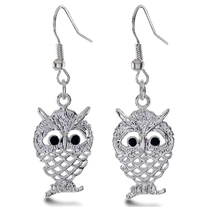 Silver Tone Dangle Owl Earrings with Black Crystal Accents, 1 Inch Long