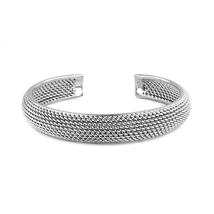 Modern Sterling Silver Mesh Style Cuff Bangle Bracelet, 7 Inches