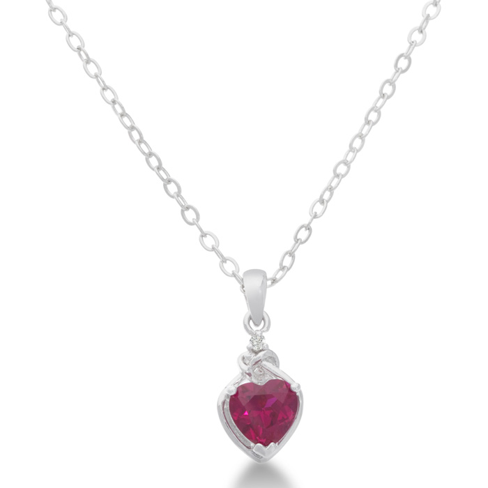 1ct Created Ruby and Diamond Platinum Plated Heart Pendant, 18 Inches