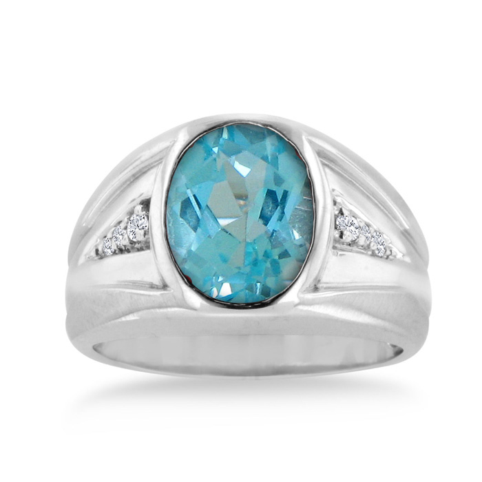4 1/2ct Oval Blue Topaz and Diamond Men's Ring Crafted In Solid White Gold December Birthstone