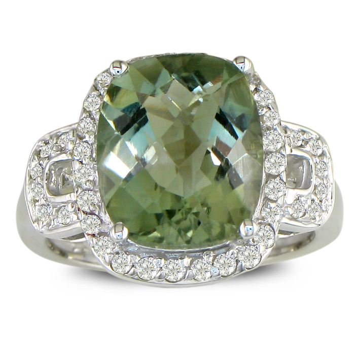 4ct Cushion Cut Green Amethyst And Diamond Ring, 14k White Gold Mylist