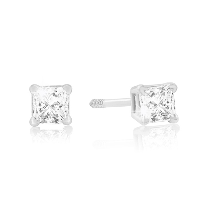1/4ct Princess Diamond Stud Earrings in 14k White Gold. Closeout.