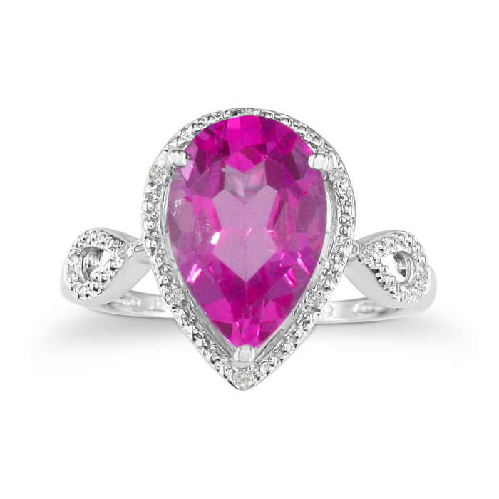 3 1/2ct Pear Shaped Pink Topaz and Diamond Ring in 10k White Gold