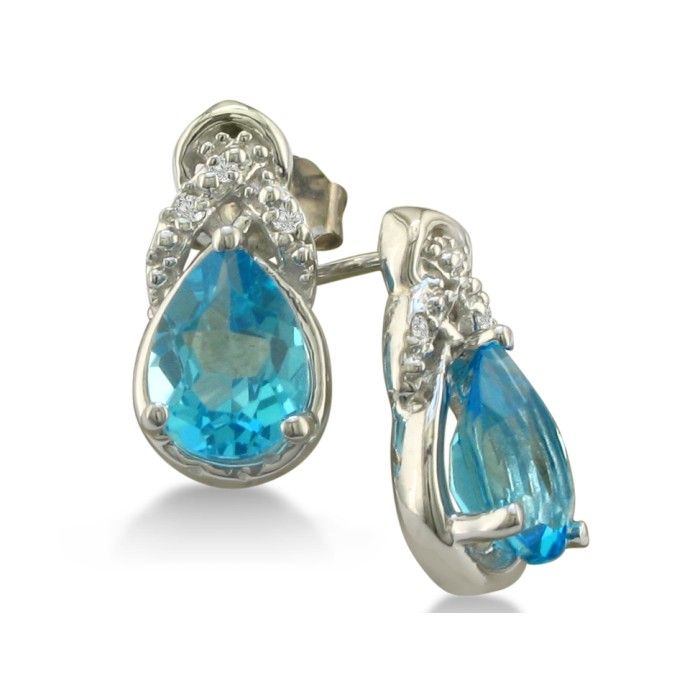 1 3/4ct Pear Shaped Blue Topaz and Diamond Earrings in 10k White Gold
