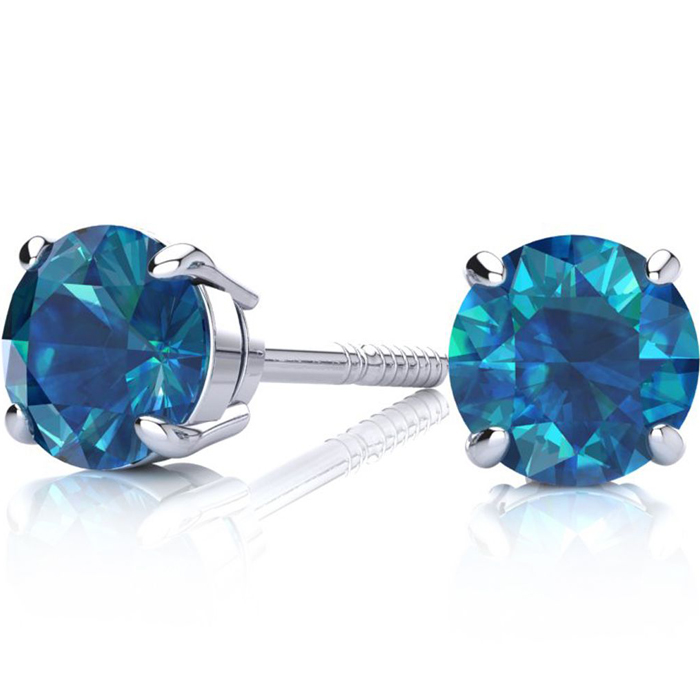 2ct Blue Diamond Stud Earrings, 14k White Gold